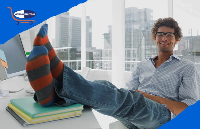 Hombre con los pies sobre la mesa mostrando calcetines
